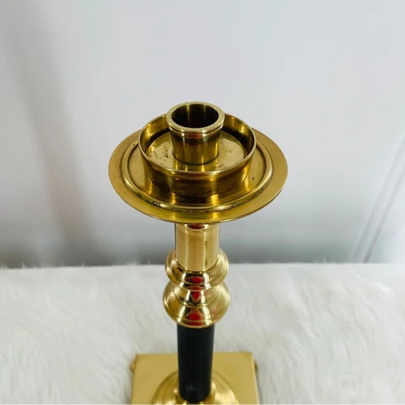 Elegant Large Lacquered Brass & Black Metal Candle Holder